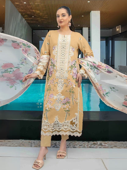 Rajwada Beige Cotton Blend Embroidered Semi Stitched Kurta Set For Women