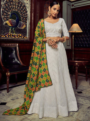 Rajwada Women White Embroidered Georgette Semi Stitched Lehenga With Blouse Piece