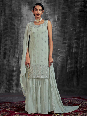 Rajwada Women Classic Embroidered Green Georgette Stitched Kurta Set