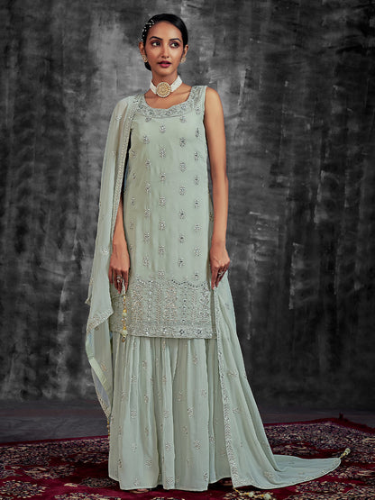Rajwada Women Classic Embroidered Green Georgette Stitched Kurta Set