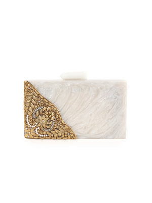 Rajwada White And Gold Resin Box Clutch Bag For Women