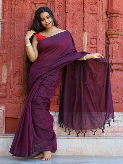 Rajwada Dark Purple Cotton  Saree  With Unstitched Blouse for Women