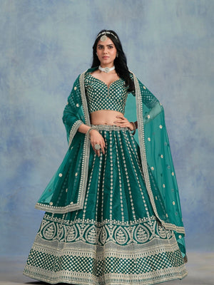Rajwada Teal Green Art Silk Embellished Semi-Stitched lehenga For Women