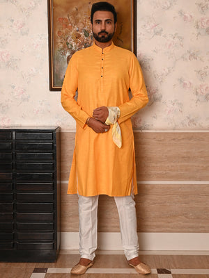 Rajwada Yellow Woven Cotton Polyester Kurta Set For Men