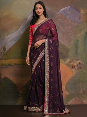 Rajwada Wine Embellished Georgette Saree With Unstitched Blouse For Women