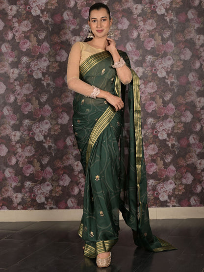 Rajwada Green Chiffon Printed Saree With Unsitched Blouse For Women