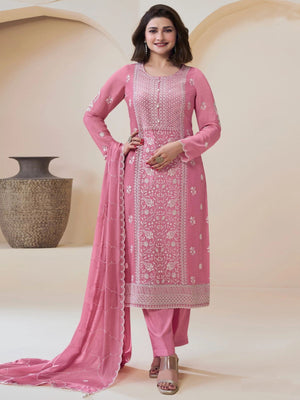 Rajwada Pink Chinon Embroidered Semi-Stitched Kurta Set For Women
