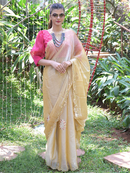 Rajwada Beige Mirror Work Embroidered Saree with Unstitched Blouse for Women