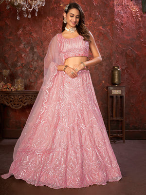 Rajwada Pink Net Embellished Semi Stitched Lehenga With Unstitched Blouse for Women