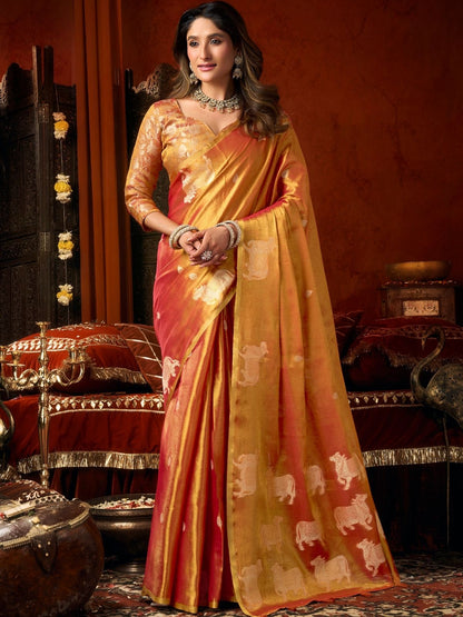 Rajwada Rust Orange Silk Blend Solid Saree For Women