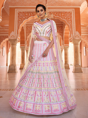 Rajwada Women White Embroidered Organza Semi Stitched Lehenga With Unstitched Blouse