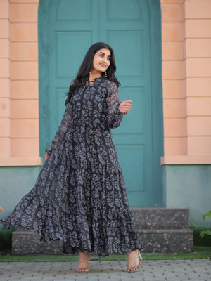 Rajwada Black Chiffon Stitched Printed Indo Western Dress For Women