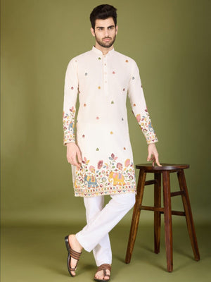 Rajwada White Cotton Embroidered Stitched Kurta For Men