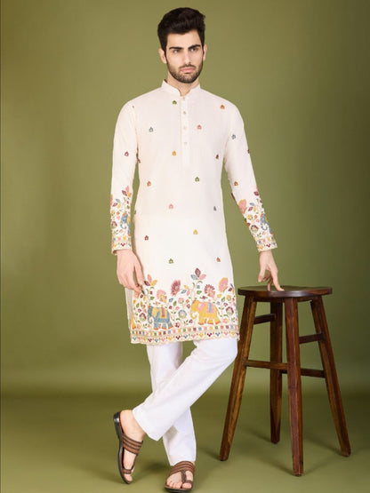 Rajwada White Cotton Embroidered Stitched Kurta For Men