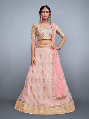 Rajwada Women Pink Embroidered Art Silk Semi Stitched Lehenga With Unstitched Blouse