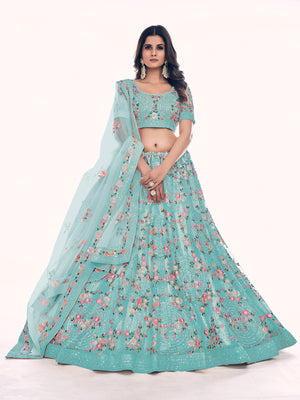 Rajwada Sea Green Embroidered Soft Net Semi Stitched Lehenga With Blouse For Women
