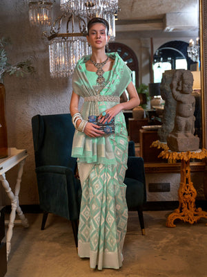 Rajwada Teal Linen Woven Saree With Unstitched Blouse for Women