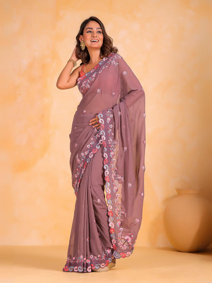 Rajwada Mauve Georgette Embroidered Saree With Unstitched Blouse For Women