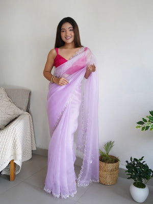 Rajwada Pink Organza Embroidered Saree With Unstitched Blouse For Women
