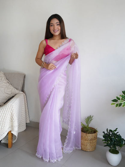 Rajwada Pink Organza Embroidered Saree With Unstitched Blouse For Women