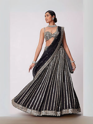 Rajwada Black Organza Silk Embellished Semi-Stitched lehenga For Women