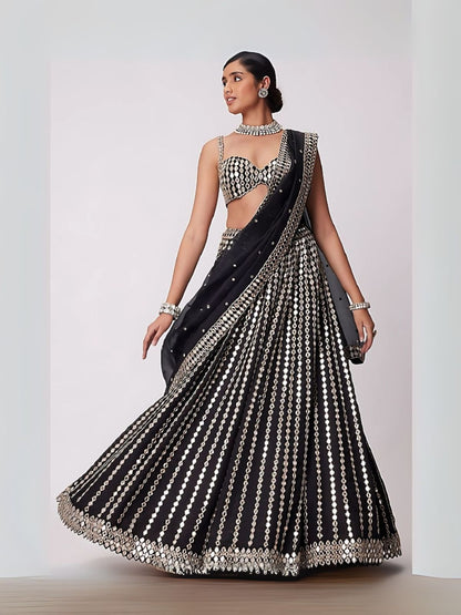 Rajwada Black Organza Silk Embellished Semi-Stitched lehenga For Women