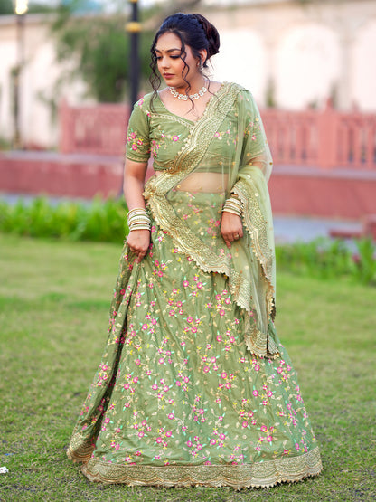 Rajwada Women Light Green Floral Semi Stitched Lehenga With Unstitched Blouse