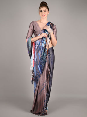 Dark Grey Soft Crepe Digital Print Saree With Unstitched Blouse
