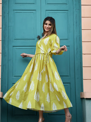 Rajwada Olive Chiffon Stitched Printed Indo Western Dress For Women