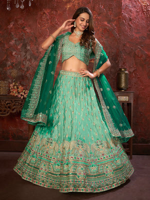Rajwada Sea Green Net Embellished Semi Stitched Lehenga With Unstitched Blouse for Women