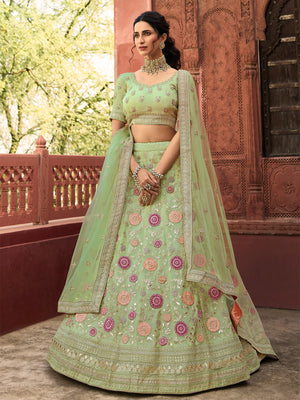 Rajwada Olive Embroidered Organza Semi Stitched Lehenga With Blouse For Women