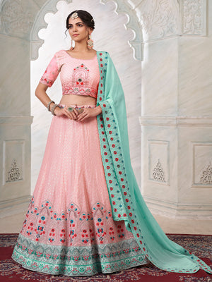 Rajwada Pink Georgette Embroidered Semi Stitched Lehenga With Unstitched Blouse for Women