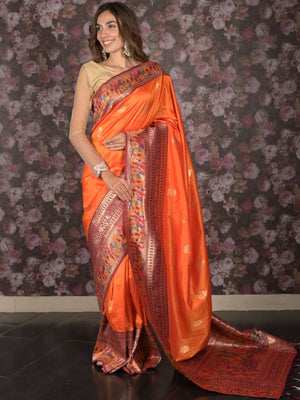Rajwada Orange Woven Satin Saree With Unstitched Blouse For Women