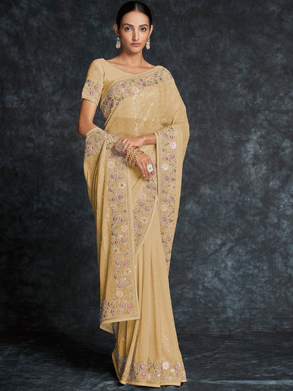 Rajwada Beige Embroidered Georgette Saree With Unstitched Blouse For Women