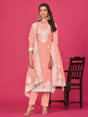 Rajwada Peach Organza Embroidered Semi-Stitched Kurta Set For Women