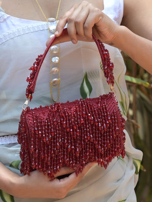 Rajwada Maroon Tassels Embellished Clutch Bag For Women