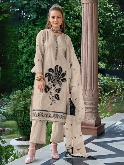 Rajwada Beige Organza Embroidery Semi-Stitched Kurta Set For Women