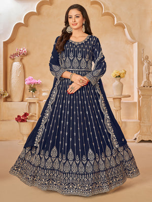 Rajwada Navy Blue Georgette Embroidered Semi stitched Kurta Set For Women