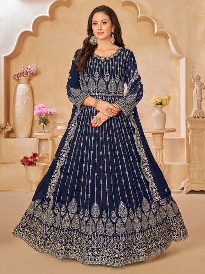 Rajwada Navy Blue Georgette Embroidered Semi stitched Kurta Set For Women