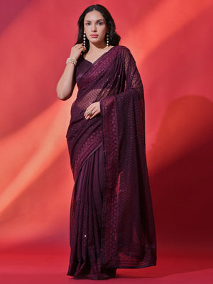 Rajwada Wine Embellished Georgette Saree With Unstitched Blouse For Women