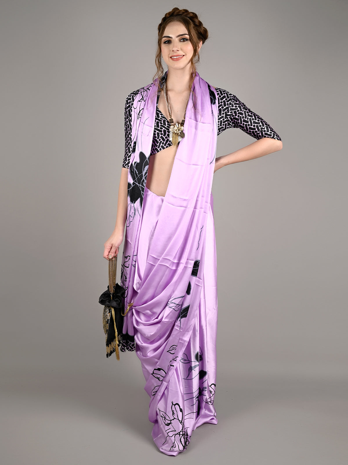 Purple Satin Crepe Digital Floral Print Saree With Unstitched Blouse