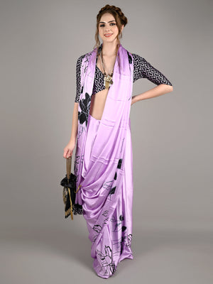 Purple Satin Crepe Digital Floral Print Saree With Unstitched Blouse