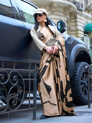 Rajwada Gold Satin Printed Saree With Unstitched Blouse For Women