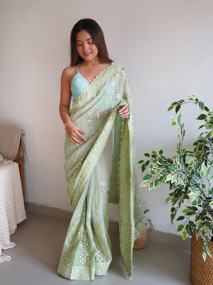 Rajwada Green Georgette Embroidered Saree With Unstitched Blouse For Women