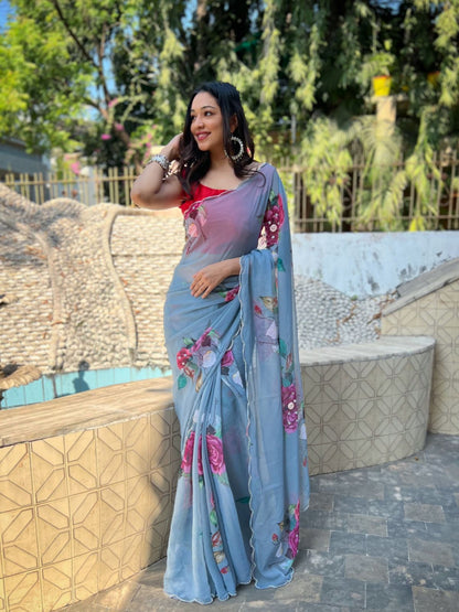 Rajwada Blue Georgette Printed Saree With Unstitched Blouse For Women