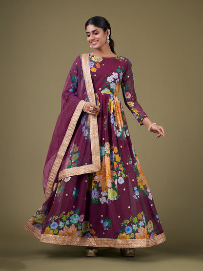 Rajwada Purple Faux Georgette Printed Semi Stitched Anarkali Kurta Set For Women