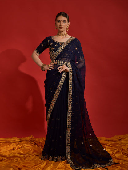 Rajwada Navy Blue Embroidered Georgette Saree With Unstitched Blouse For Women