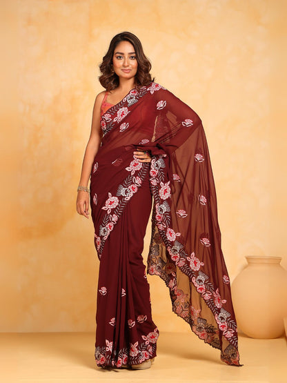 Rajwada Brown Silk Blend Embroidered Saree With Unstitched Blouse For Women