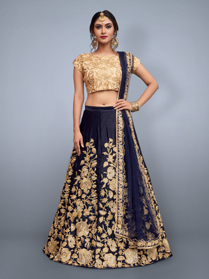 Rajwada Women Dark Blue Embroidered Art Silk Semi Stitched Lehenga With Unstitched Blouse
