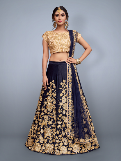 Rajwada Women Dark Blue Embroidered Art Silk Semi Stitched Lehenga With Unstitched Blouse